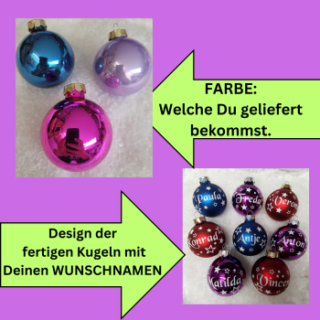 3 Weihnachtskugeln aus Glas mit Namen PINK/FLIEDER/TÜRKIS